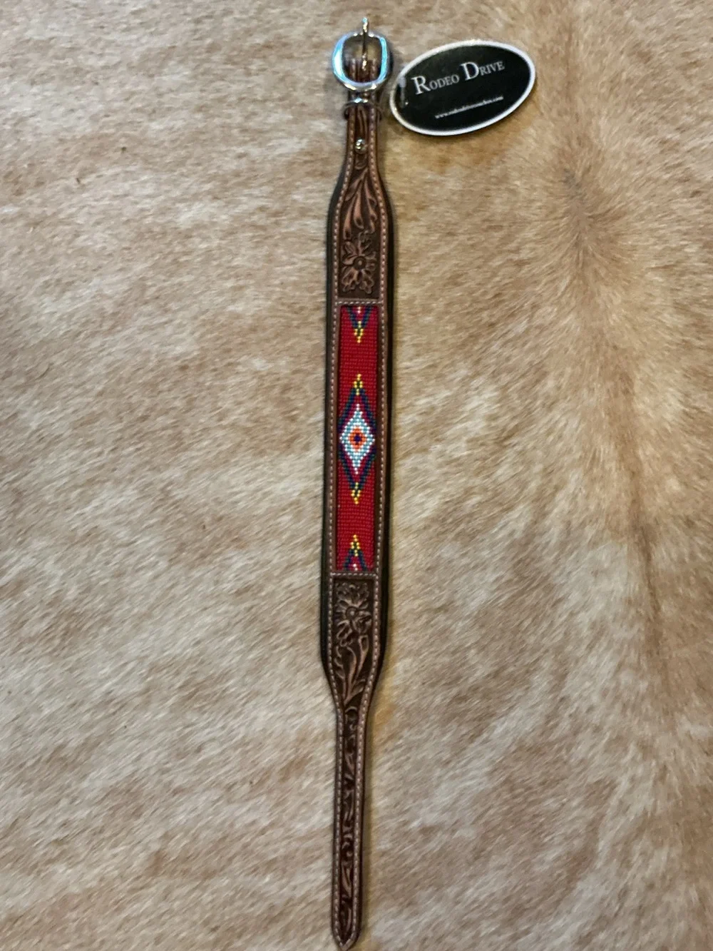 Brown Leather Dog Collar with Red Beaded Accent